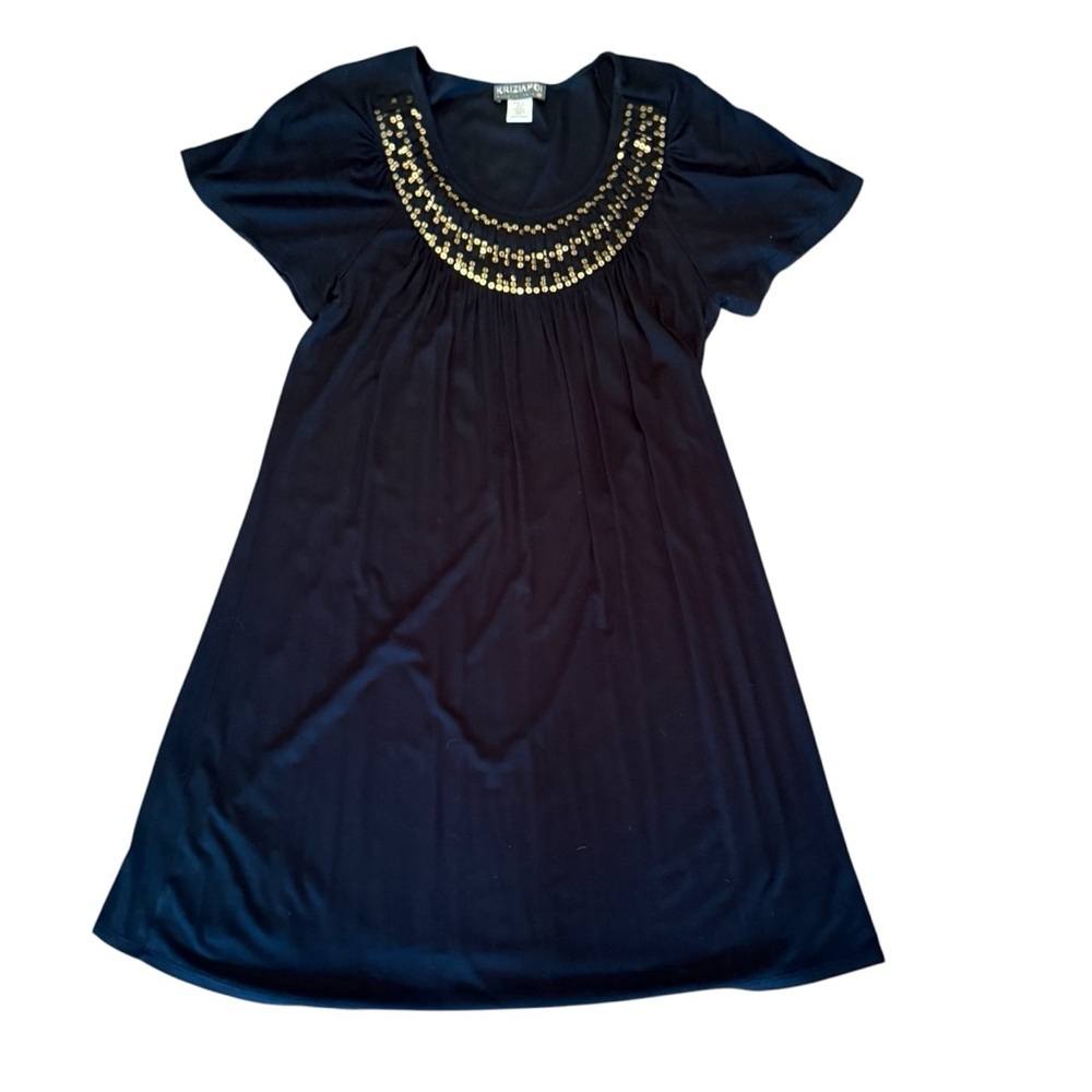 KRIZIA POI Short Sleeve Black Jersey Dress with embellished neckline Size 46/XL